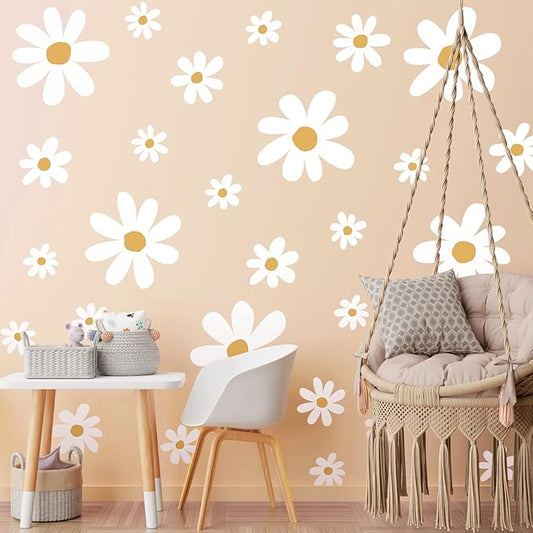 TaoBary 12 Sheet Daisy Wall Sticker Decal Removable Cute Daisy Bedroom Room Decor Flower Wall Sticker Pink White Flower Decal Wallpaper Peel and Stick for Nursery Home(White, Yellow,Cute Style)