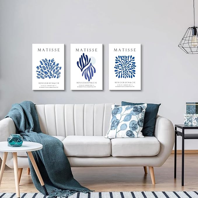 Djmwtb 3 Piece Canvas Wall Art Navy Blue Wall Decor Matisse Prints Abstract Paintings Pictures for Bedroom Bathroom Living Room Artwork 12x16in Framed