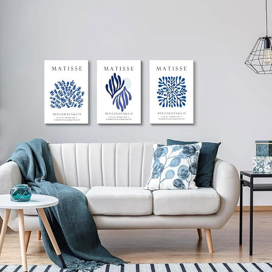 Djmwtb Navy Blue Matisse Canvas Wall Art Decor, Matisse Blue Wall Art Prints Framed Set of 3, Modern Abstract Minimalist Pictures Wall Decor Paintings Artwork for Bathroom Bedroom Living Room 16x24in