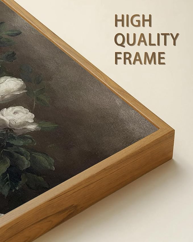 SHENIFY Vintage Framed Wall Art Rose Flower Landscape Painting Retro White Floral Scenery Farmhouse Kitchen Living Room Decor - 8x16in Natural Framed