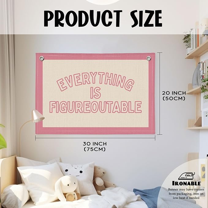 Everything is Figureoutable Inspirational Wall Decor, Motivational Classroom Wall Decor, Classroom Linen Canvas Banner Hanging Flag, 20x30 Inch - Pink Border