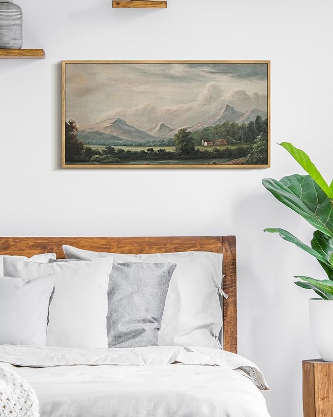 SHENIFY Vintage Framed Wall Art Rustic Cottage Country Riverside Landscape Scenery Home Decor Retro Mountain Decorations for Bedroom Ready to Hang Wall Artwork - 8x16in Natural Framed