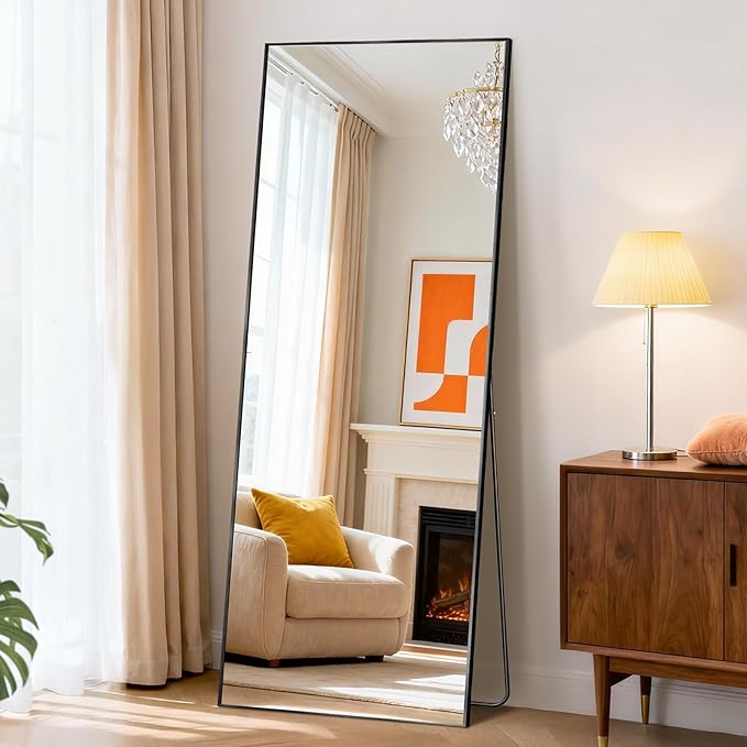DUMOS Full Length Mirror with Stand, 58"x19" Floor Mirror with Aluminum Alloy Frame for Bedroom, Standing Full Body Mirror with Shatter-proorf Nano Glass for Wall, Living Room, Cloakroom, Black