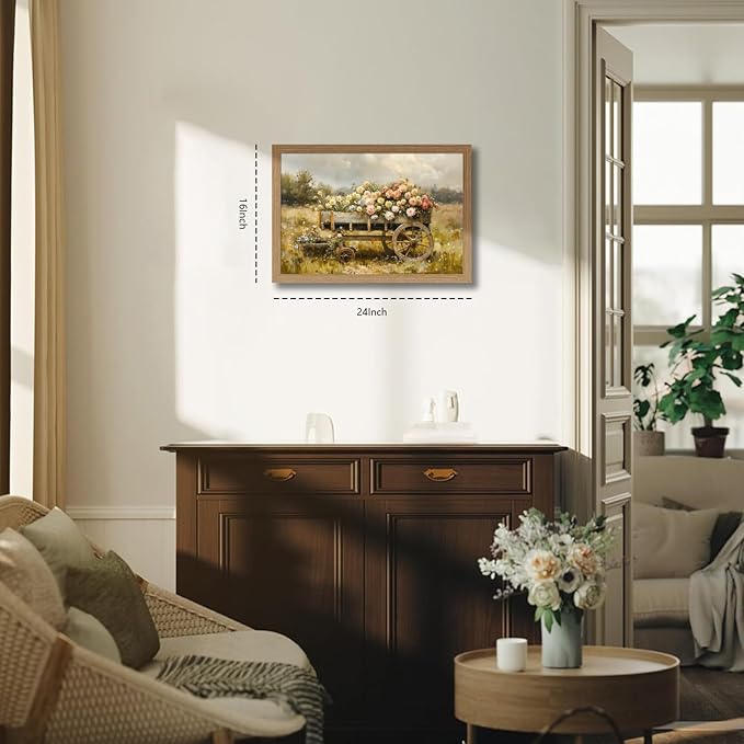 Framed Rustic Floral Wagon Canvas Wall Art Vintage Farm Cart Flower Painting Country Landscape Picture Print for Living Room Bedroom Farmhouse Decor 16x24in