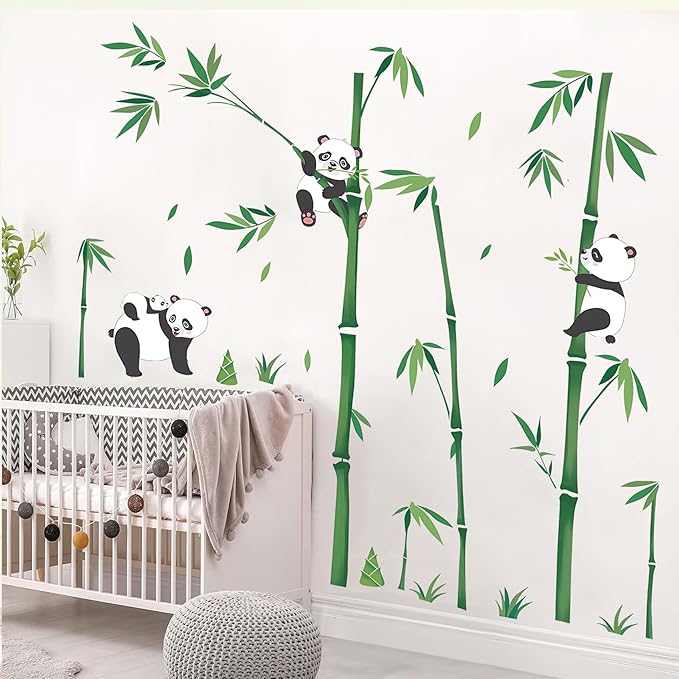 Panda Decor Wall Stickers Bamboo Wall Art Decals, Green Plants Peel and Stick Wall Murals Bamboo Wall Decoration Decals for Baby Kids Bedroom Nursery Living Room Décor
