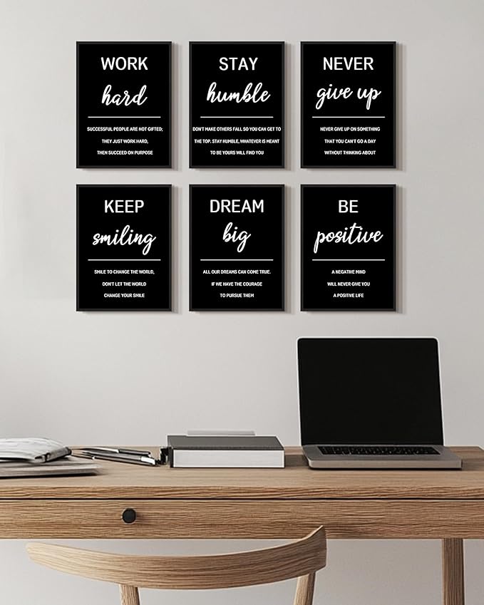 KUVIOKE Inspirational Framed Wall Art Motivational Quotes Wall Decor Encouraging Office Posters Sayings for Classroom Bedroom Living Room Ready to Hang Set of 6, 11x14in (Black Framed)