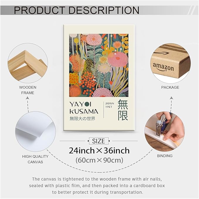 Abstract Yayoi Kusama Posters Japanese Wall Art Vintage Tokyo Aesthetic Prints Yayoi Kusama Inspired Japanese Gallery Wall Art for Stylish Room Bedroom Living Room Decor 24x36in Framed