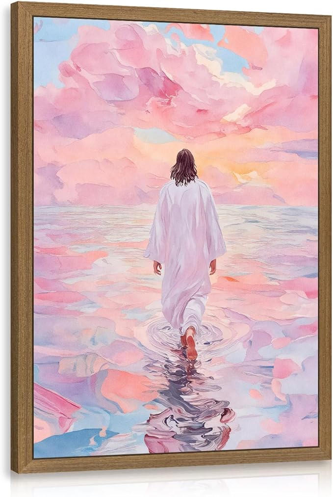 Clicyre Jesus Walking on Water Christian Wall Art, Pink Sunset Faith Canvas Print, Inspirational Religious Wall Decor for Bedroom Living Room Prayer Room Hallway Wood Framed 16x24 Inch