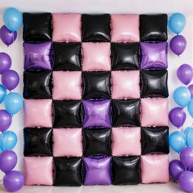 NISOCY 25PCS Purple Pink Black Square Foil Balloons Wall Backdrop Double Sided Black Pink Balloon Arch Kit for Birthday Baby Bridal Shower Carnival Cocktail Girls Theme Party Decoration