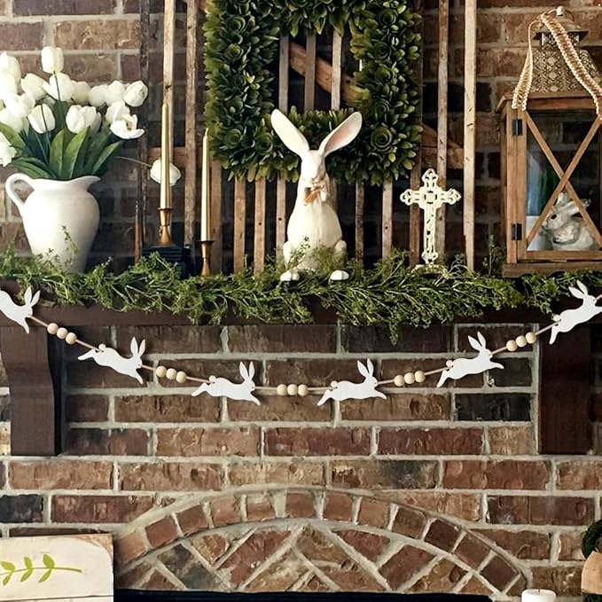 Easter Garland Decorations: Cute Bunny Easter Garland with Wood Beads, Rustic Easter Banner White Jumping Rabbit Easter Decor Indoor for Mantel Fireplace Home Office Wall Farmhouse School