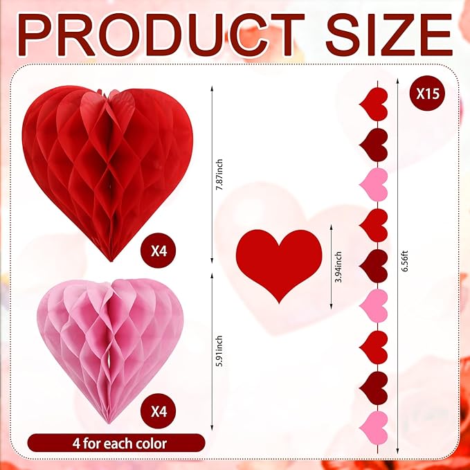 23 Pcs Valentine's Day Classroom Ceiling Decoration Kit with 15 Love Flags and 8 Heart Paper Flower Balls Heart Valentines Garland Accessories for Party Wall Office Classroom School Decor