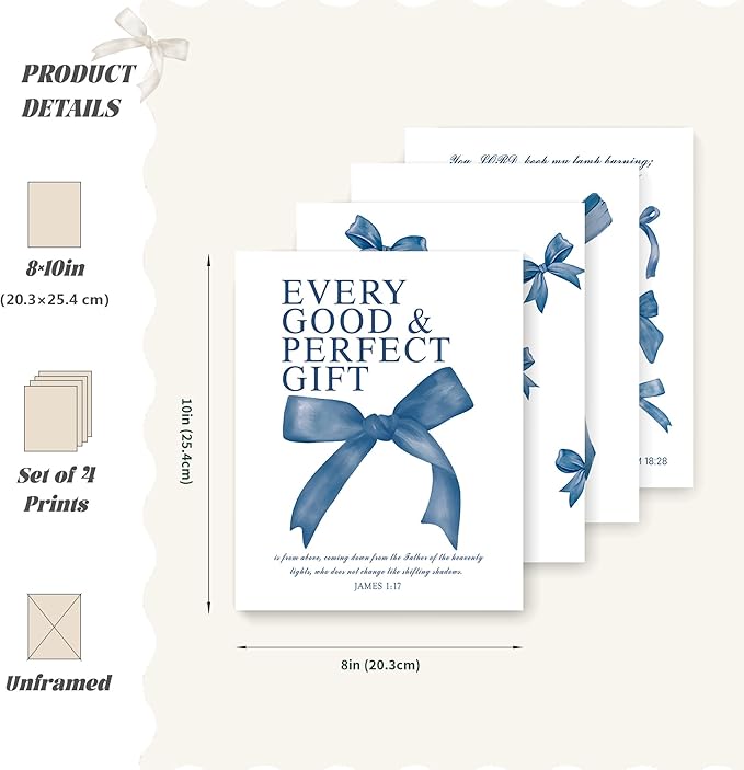 LARTSFRO Coquette Navy Blue Bow Wall Art Decor Posters, Navy Blue Bow Room Bedroom Bathroom Dorm Wall Art Decor Aesthetic for Teen Girls Gifts, Inspirational Bible Verses Bow Wall Decor, 10x8 Inch Set of 4 Pcs Bow Pictures (UNFRAMED)
