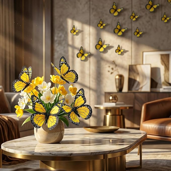 Chuangdi 48 Pcs Yellow Monarch Butterfly Decorations 3 Size Fake Butterflies Realistic Butterfly Craft Artificial Mariposas Wall Decor for Craft Wedding Home Birthday Party (3.2inch,4inch,4.7inch)