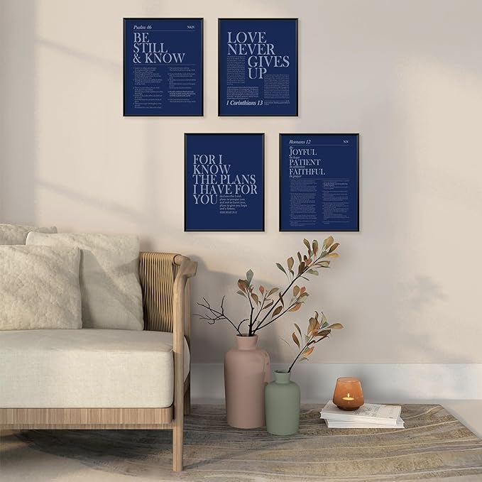 Locomiss Navy Blue Christian Wall Art Decor, Modern Bible Verse Prints, Minimalist Jesus Scripture Wall Decor, Inspirational Bible Posters for Bedroom Office Living Room, Set of 4 (8x10 Unframed)