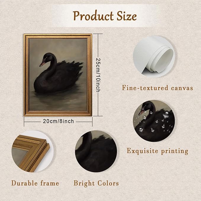 Aroutde Framed Black Swan Canvas Wall Art, Vintage Gold Frame Swan Printing, Rustic Farmhouse Animal Picture for Living Room Bedroom Bathroom Decor (10L x 8W, Framed)