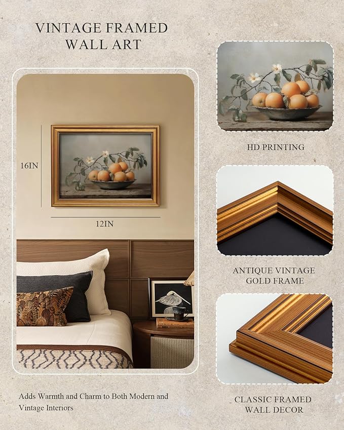 InSimSea Gold Framed Canvas Prints Wall Art, Vintage Kitchen Decor, Classical Oranges Still Life Paintings Farmhouse Wall Decor Aesthetic, Rustic Pictures for Bedroom Living Room Shelf, 12x16inch