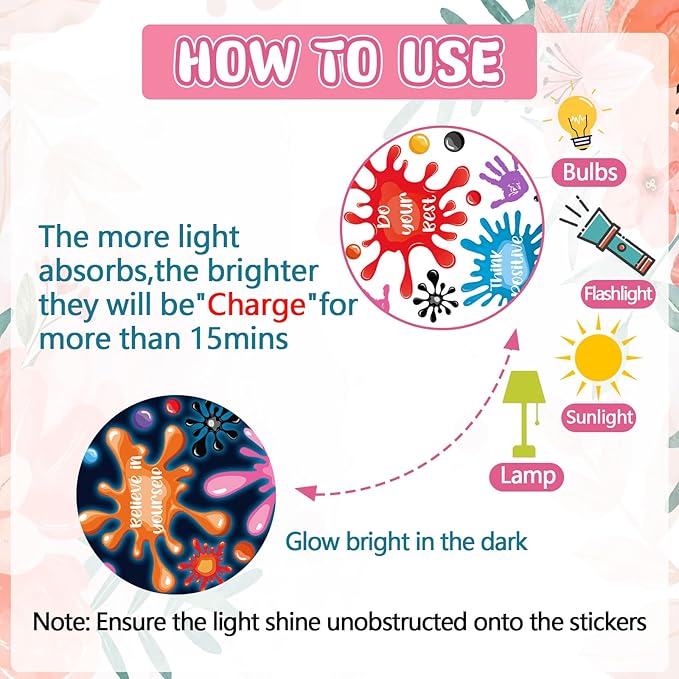 Glow in The Dark Inspirational Wall Decals Glowing Luminous Watercolour Motivational Lettering Wall Stickers Positive Saying Ink Splatter Splotches Decals for Kids Classroom Nursery Playroom Decor