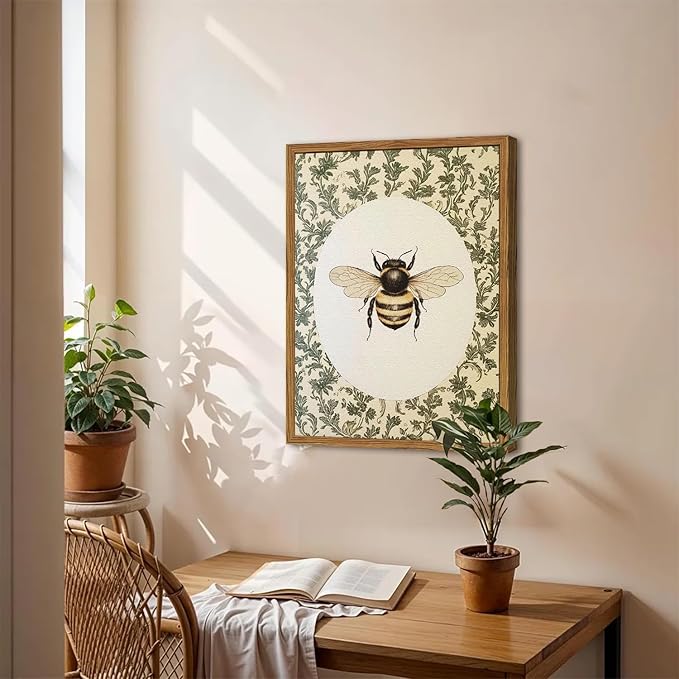 Framed Vintage Bee Wall Art, Rustic Insect Pictures Wall Decor, 3D Textured Sandstone Green Botanical Paintings Prints Cottagecore Home Decor for Living Room Bedroom Office 12x16 inch