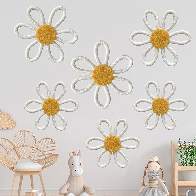 KUNHEHO Boho Wall Decor Set of 6 Daisy Flower with 12pcs Butterflies Wall Decors Nursery Wall Decor Bohemian Macrame Wall Hanging Decor for Nursery Home Bedroom (White)
