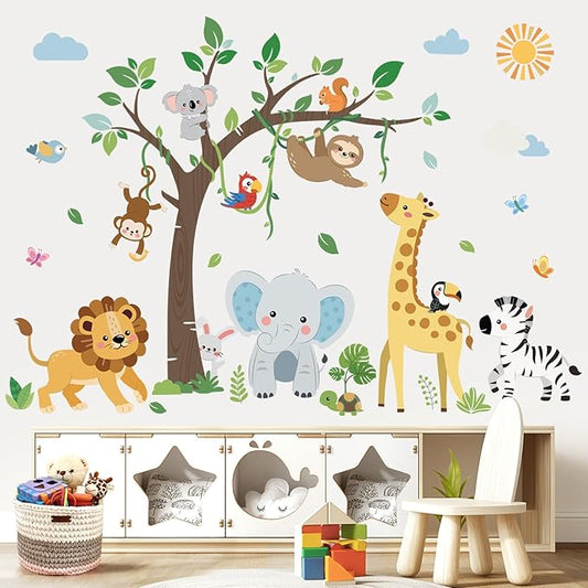 decalmile Jungle Animals Tree Wall Decals Safari Baby Animals Giraffe Elephant Lion Monkey Wall Stickers Living Room Baby Nursery Kids Room Wall Decor