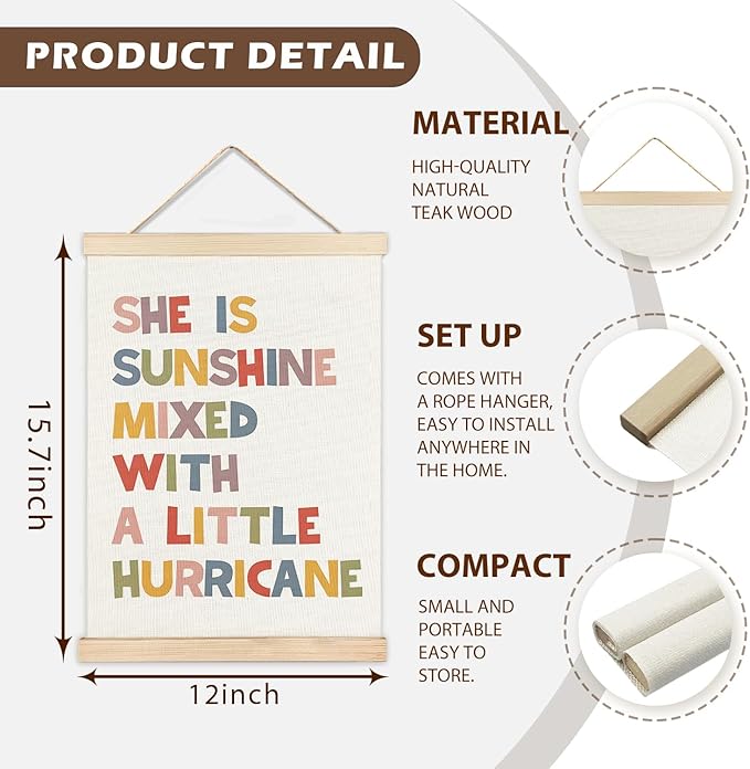 LZYRF Inspirational Wall Decor for Girls Room, She is Sunshine Mixed with a Little Hurricane Positive Quote Canvas Prints Wall Decor for Girls Kids Room Nursery Playroom 12x16 Inch