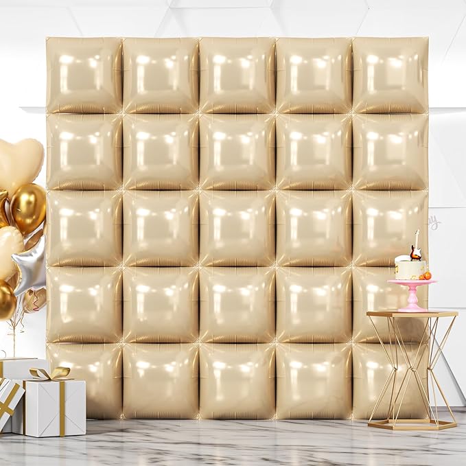 NISOCY 25PCS Beige Square Foil Balloons Wall Backdrop Double Sided Sand White Balloon Arch Kit for Birthday Baby Bridal Shower Wedding Engagement Gender Reveal Party Decoration