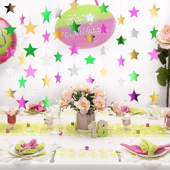 Patelai Glitter Star Garland Banner 2026 Graduation Decor 130 Feet Star Hanging Banner Twinkle Backdrop for Party Birthday Classroom Wedding Supplies(Green,Pink,Gold,Silver)