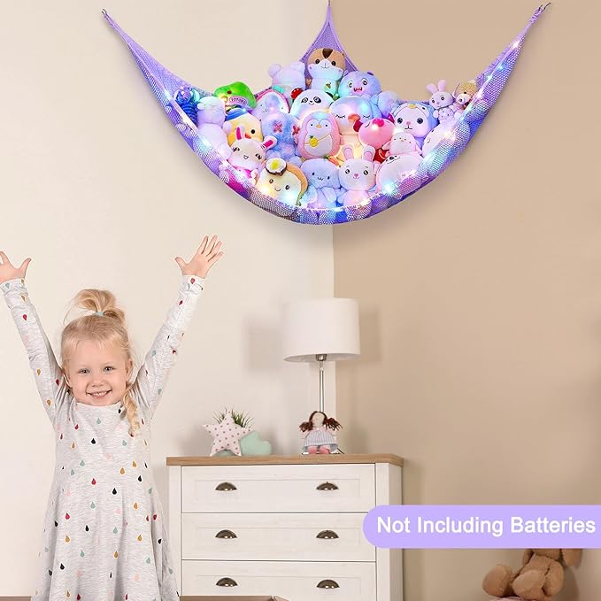 Unicorn Castle Stuffed Animals Net or Hammock Kids Toy Storage Organizer with LED Light Hanging Corner Stuffed Animals Holder Kids Girls Room Decor,Purple,Large (Pack of 1)