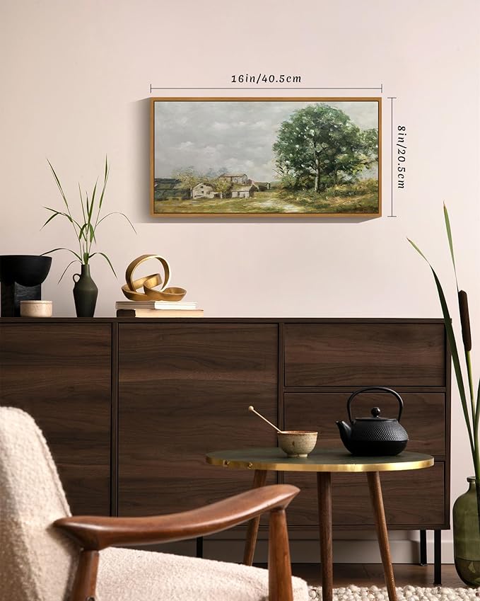 SHENIFY Vintage Framed Wall Art Rustic Country Road Landscape Painting Retro Countryside Scenery Farmhouse Kitchen Living Room Decor - 8x16in Natural Framed