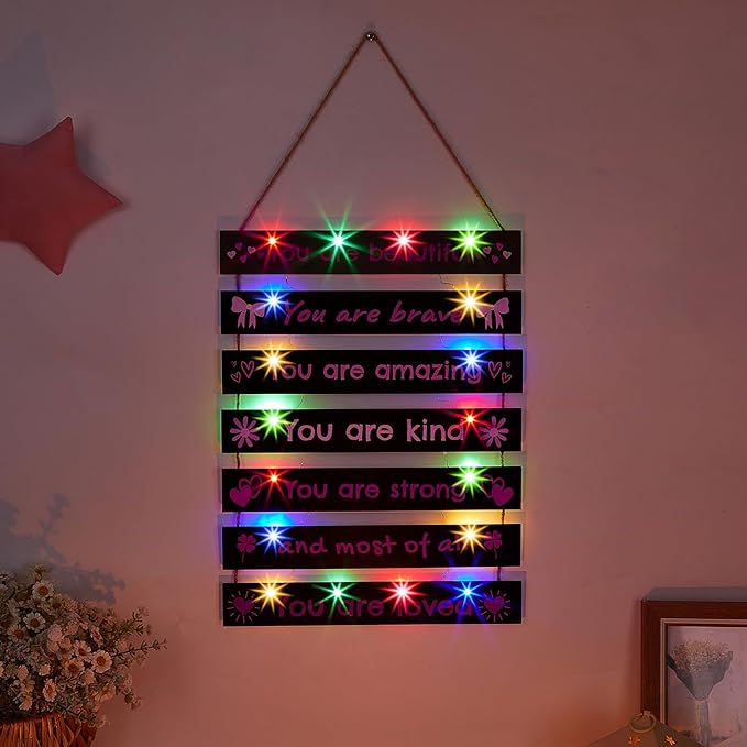 FIOBEE Girls Room Décor for Teen Girls Boys with LED Light Wall Decor for Bedroom Motivational Inspirational Wall Art Room Decoration for Kids Studyroom, 8 Kinds of Lights, Black