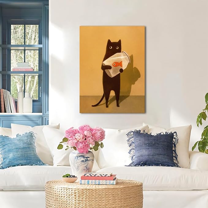 Funny Black Cat Wall Art, Abstract Black Cat and Fish Canvas Poster Print Picture, Cute Animal Wall Decor, Perfect for Cat Lovers for Bathroom Living Room Bedroom Kids Room 16x24 in Framed