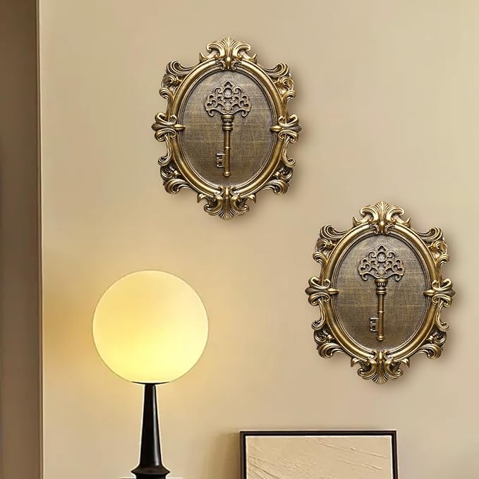 Vintage Key Wall Sculptures 2 Pack Antique Wall Decor Hallway Wall Art for Home Hand Painted Decoration with Embossed Key Design Vintage Decor for Living Room Bedroom Gallery Unique Gifts (Gold keys)