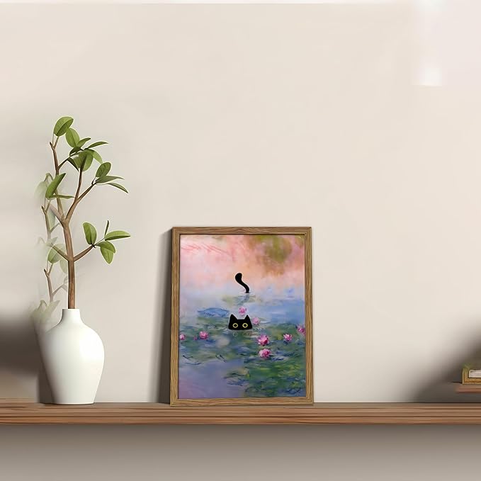Vintage Framed Cat Canvas Wall Art Monet Print, Funny Black Cat in Water Lilies Poster, Monet Office Wall Decor, Floral Oil Painting Picture Artwork for Living Room Bathroom Aesthetic – 8x10 inch