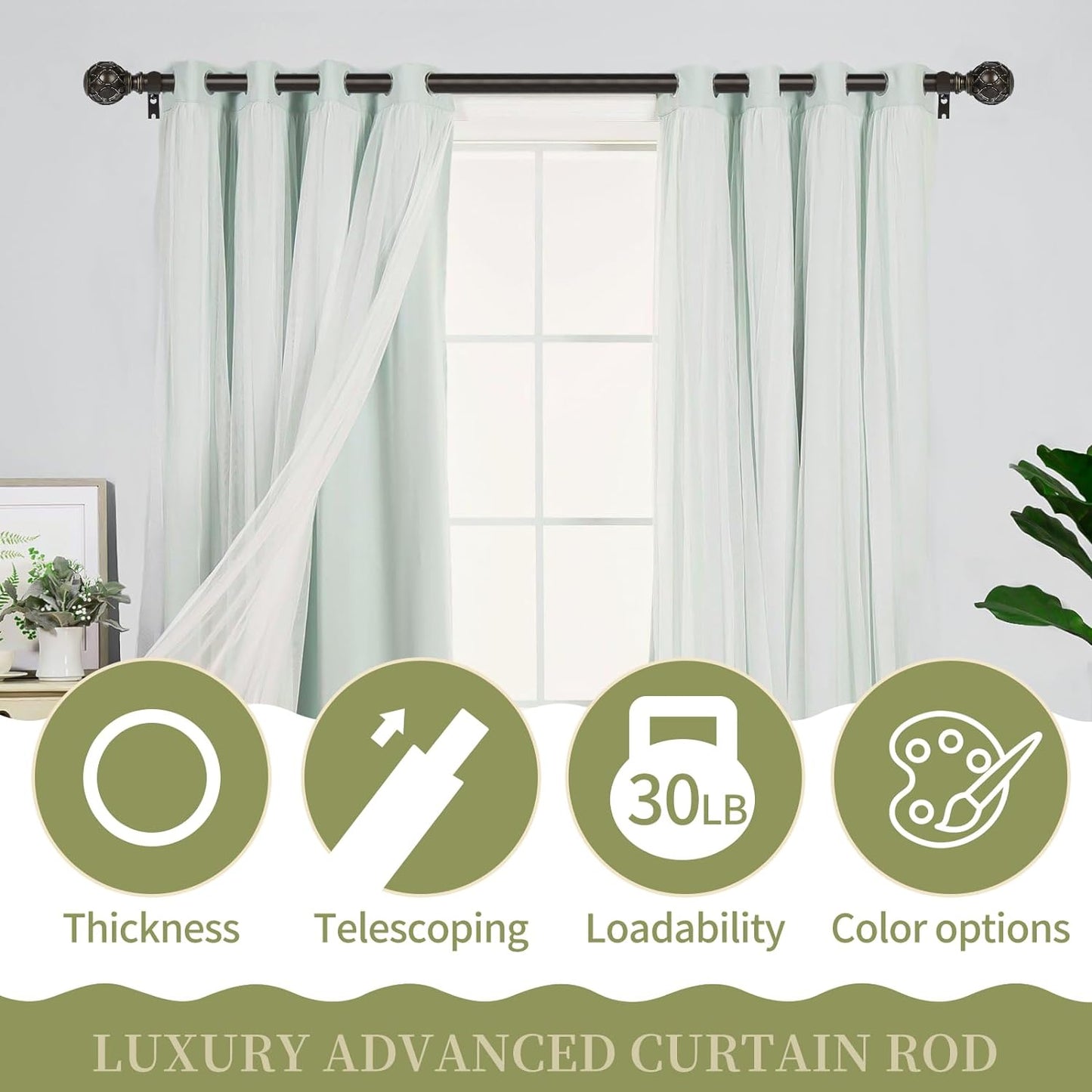 Bronze Farmhouse Curtain Rods for Windows:18-60 Inch Heavy Duty Adjustable Curtain Rod for Bedroom Living Room,Boho Decorative Rustic Drapery Rods with Vintage Coastal Finial,Antique Bronze