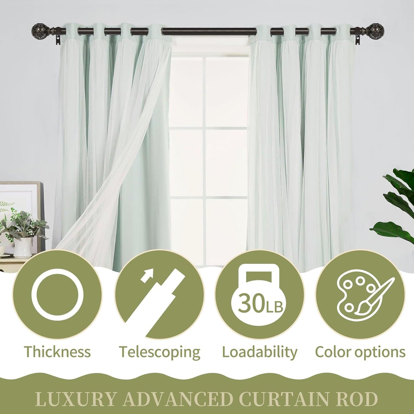 Bronze Farmhouse Curtain Rods for Windows:Heavy Duty Adjustable Curtain Rod for Bedroom Living Room,Boho Decorative Rustic Drapery Rods with Vintage Coastal Finial,Antique Bronze 2 Pack 36-88"