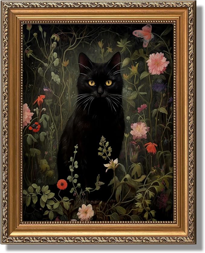 ASTRDECOR Gold Framed Floral Black Cat Wall Art – Vintage Dark Academia Cottagecore Canvas Print, Gothic Canvas Home Decor for Living Room & Bathroom, Gifts for Friends or Family 9"x12"
