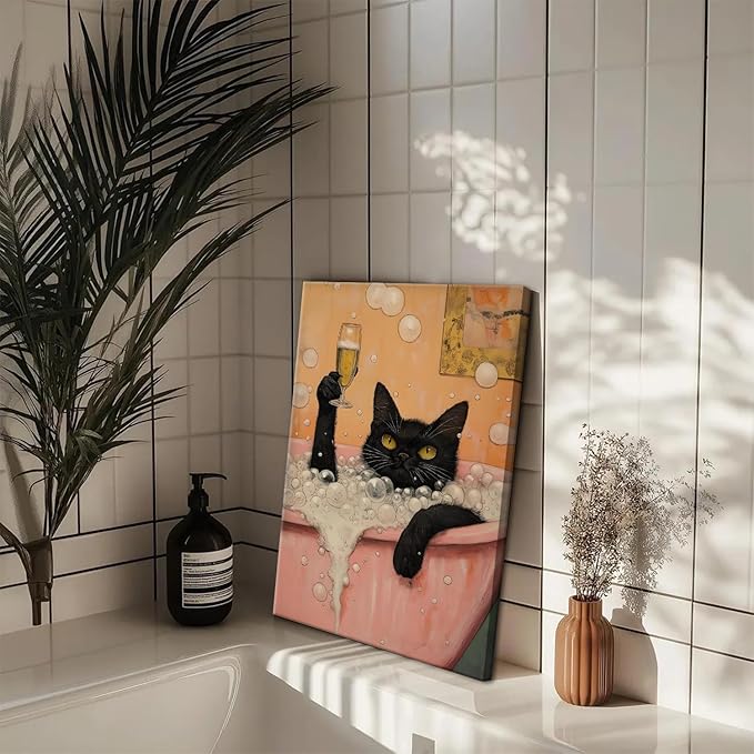 Funny Japanese Black Cat Bathroom Wall Art, Cute Japan Cat in Bathtub Wall Decor Paintings Funky Animal on Toilet Reading Newspaper Poster Canvas Prints Artwork 16x24 inch Framed