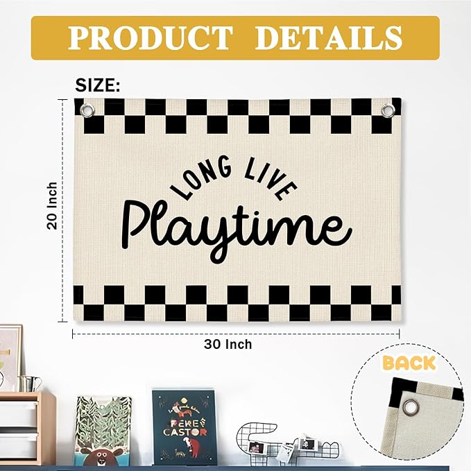 Long Live Playtime Black and White Checkered Boys Room Decor - Linen Banner Wall Hanging Canvas Banner Flag Decor for Toddler Boy Bedroom Nursery Playroom