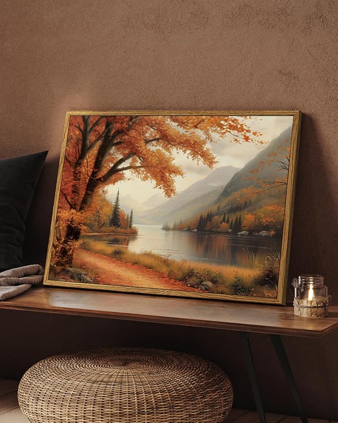 WHASAYART Vintage Fall Tranquil Nature Forest Landscape Wall Art 12x16, Framed Autumn Mountain Path Lake Scenic Canvas Painting Print, Rustic Artwork Farmhouse Bathroom Bedroom Entryway Décor