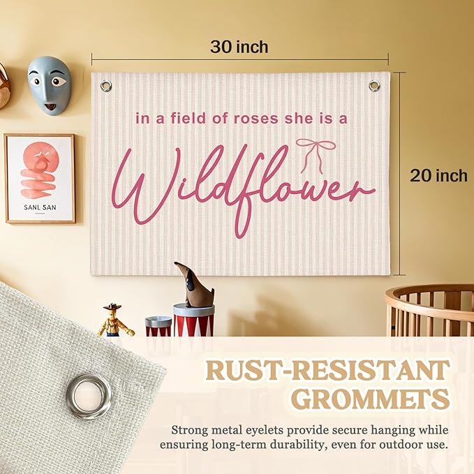Wildflower Nursery Decor, Girls Room Decor, In a Field Full of Roses She Is a Wildflower Pink Bows Coquette Linen Canvas Banner,for Little Girl 30x20 Inch