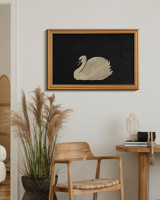 HUARCEY Gold Framed Vintage Wall Art for Living Room, Grace Swan Art Painting Pictures Rustic Animal Bathroom Prints Farmhouse Wall Decor Canvas Swan Shelf Decor for Kitchen Bedroom (Zwaan 16"x24")