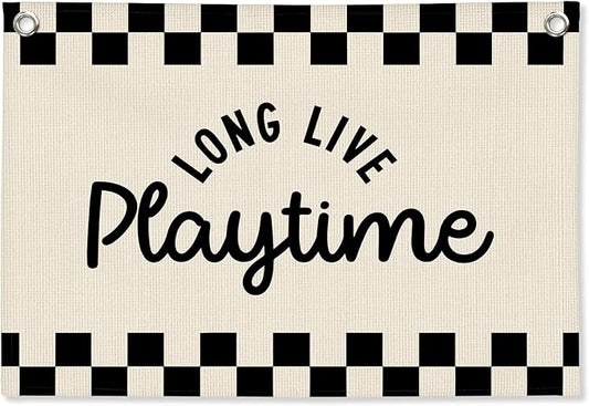 Long Live Playtime Black and White Checkered Boys Room Decor - Linen Banner Wall Hanging Canvas Banner Flag Decor for Toddler Boy Bedroom Nursery Playroom