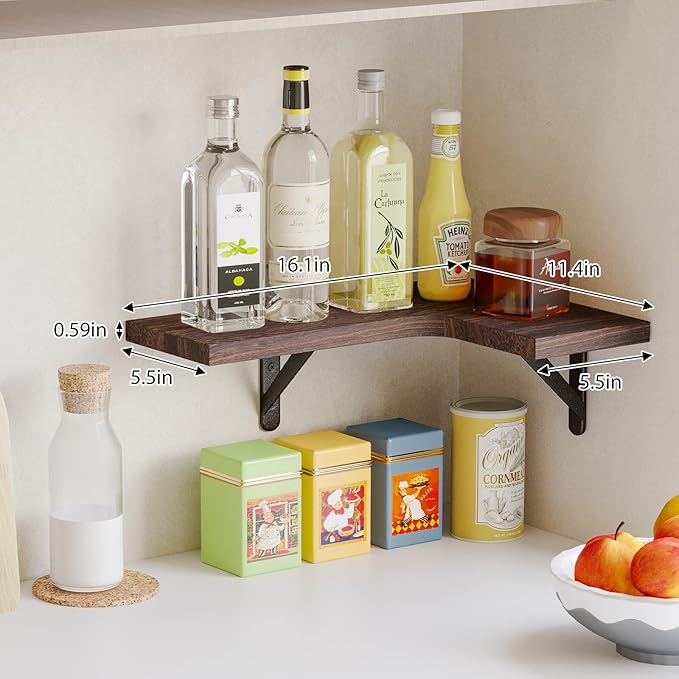 Fixwal Floating Shelves for Wall, Rustic Wood Wall Mounted Corner Shelf for Bathroom, Kitchen, Bedroom, Home Decor, Laundry Room, Living Room, Set of 5 (Walnut Brown)