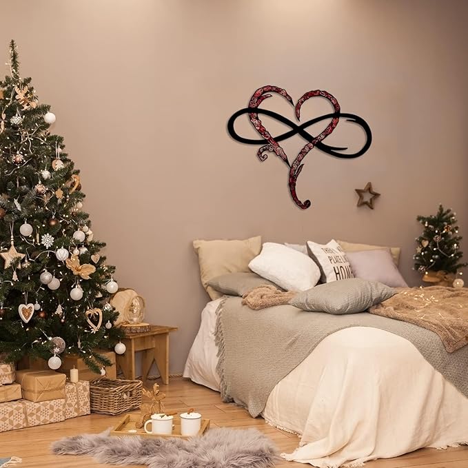 Infinity Heart Wall Decor, Unique Infinity Heart Metal Wall Art Decor Love Sign Steel Wall Plaques Bedroom Ornaments for Home Wedding Decor, Room Living Room Decoration (Red Black, 13.7x11.4inch)
