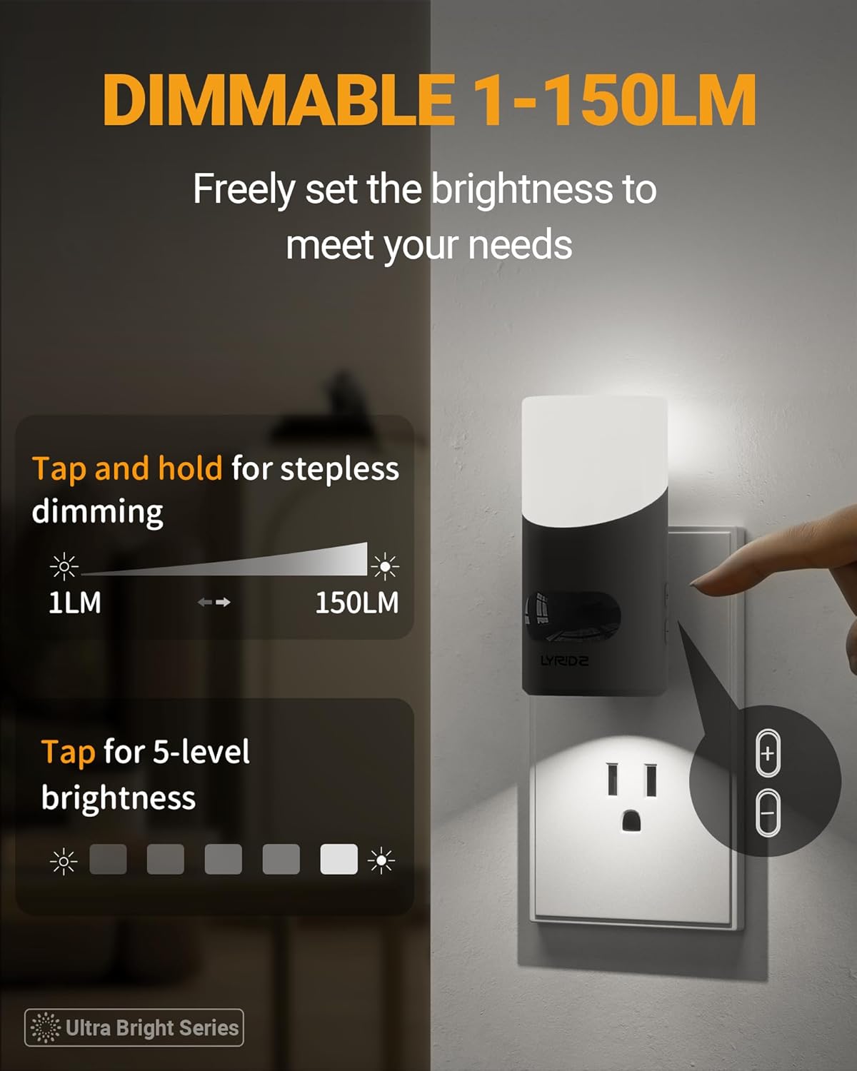 Lyridz Motion Sensor Night Light, LED Night Lights Plug into Wall, 1-150LM Dimmable Night Light Indoor for Hallway, Stairs, Bedroom, Garage, Bathroom, Toilet (Cool White, 2 Pack)