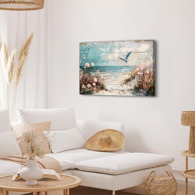 Blue Ocean Canvas Wall Art Coastal Picture Seagull Wall Decor for Bedroom Beach Poster Seabird Painting Pink Flower Picture Vintage Seascape Nautical Artwork for Kitchen Living Room Home Decor 24x36"