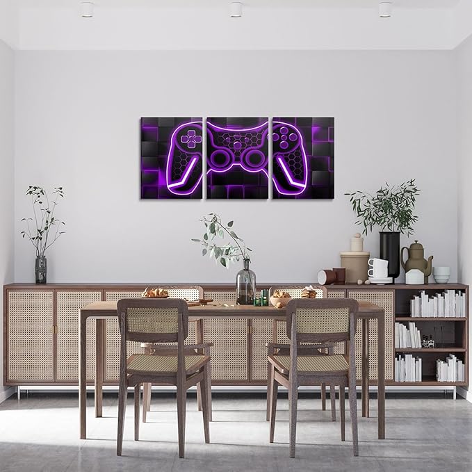 Feelyou Gamer Canvas Wall Art for Living Room 12"x16" 3 Piece Purple and Black Picture Wall Decor Gaming Ombre Office Wall Decorations Artwork Posters Geometric Square Wall Painting