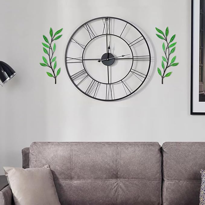Metal Tree Leaf Wall Decor 2 PCS Rustic Vine Branch Leaf Wall Art for Living Room Bedroom Bathroom Decorations - Green