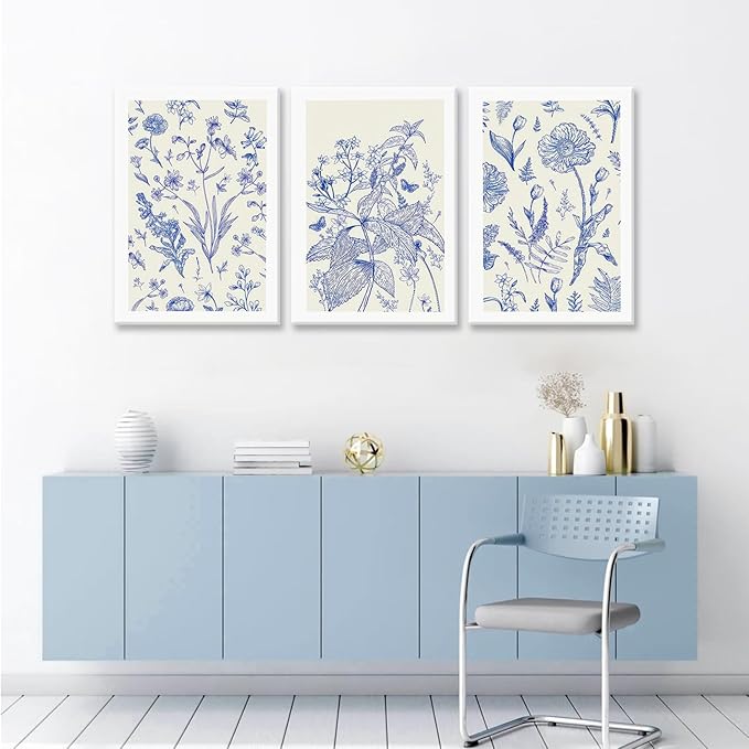 LYPHNX Framed Blue White Chinoiserie Floral Canvas Wall Art Navy Watercolor Flower Painting Posters Set of 3 Minimalist Botanical Wildflower Prints Picture Home Decor for Bedroom Living room 12"x16"