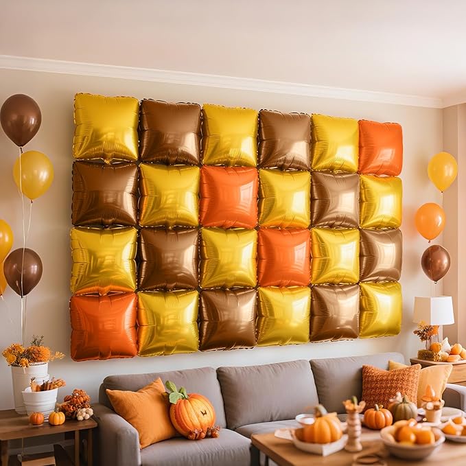 NISOCY 36PCS Orange Gold Brown Square Foil Balloons Wall Backdrop Metallic Autumn Fall Balloons Arch Kit for Thanksgiving Friendsgiving Birthday Halloween Baby Shower Fall Color Party Decorations